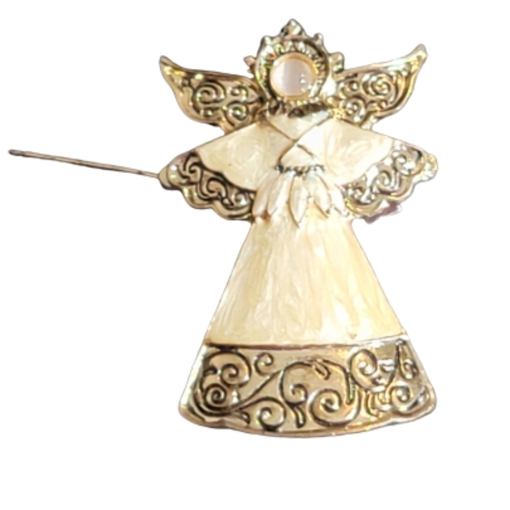 Kc Kenneth Cole Signed Gold Tone Enamel Angel Brooch Pin Christmas Religious
